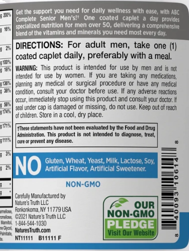 Multivitamínico ABC Senior Mens, 100 Comprimidos Mastigáveis, Nature's Truth