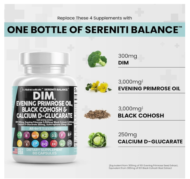 Serenti Balance, DIM 300mg Com Prímula, Cohosh preto, D-glucrato de Cálcio, 60 Cápsulas, Clean Nutraceuticals