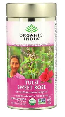 Chá, Tulsi Sweet Rose, Sem Cafeína, 100g, Organic India Chá, Tulsi Sweet Rose, Sem Cafeína, 100g, Organic India