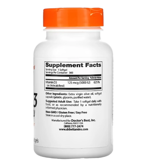 Vitamina D3, 125mcg, 5000UI, 360 Cápsulas Softgel, Doctor's Best