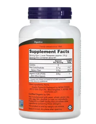 Inulina Orgânica Certificada, Pó Puro Prebiótico, 227g, Now