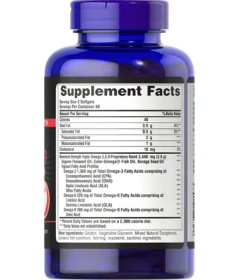 Triplo Ômega 3-6-9 Óleo de Linhaça e Borragem, Força Máxima, 120 Cápsulas, Puritan's Pride