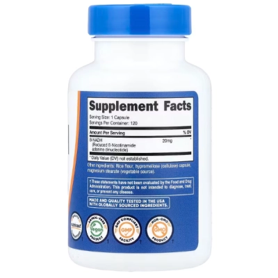NADH 20mg, 120 Cápsulas, Nutricost
