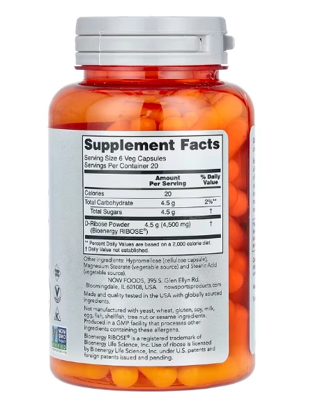 D-Ribose 750mg, 120 Cápsulas, Now