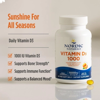 Vitamin D3 1000UI, Suporte à Saúde Óssea, Imunológica e Absorção de Cálcio, 120 Mini Softgels, Nordic Naturals