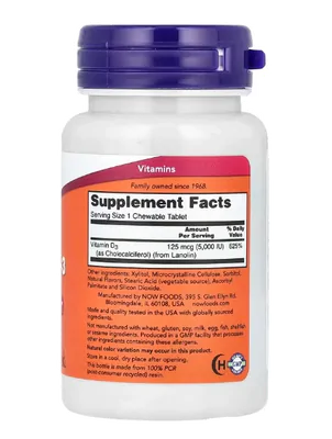 Vitamina D-3 5000UI, 120 comprimidos mastigáveis Sabor Menta, Now