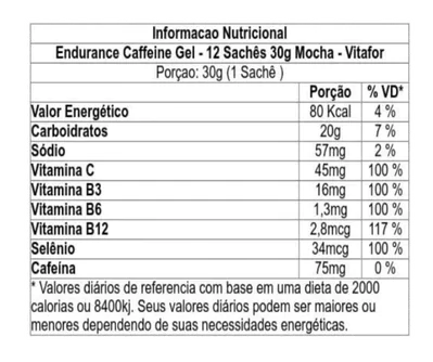 Endurance, Caffeine Gel, 12 Sachê de 30g, Sabor Mocha, Vitafor