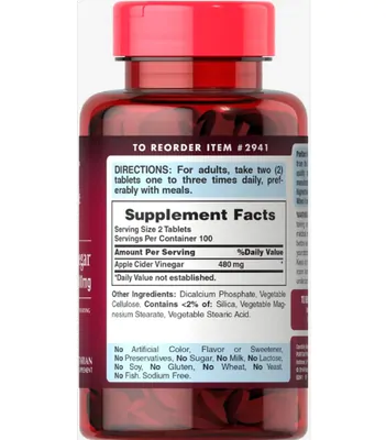 Apple Cider Vinegar (Vinagre de Maçã), 480mg, 200 Comprimidos, Puritan's Pride