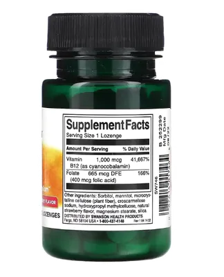 Vitamina B12 com Folato, 1.000 mcg, 100 Pastilhas sabor Morango, Swanson