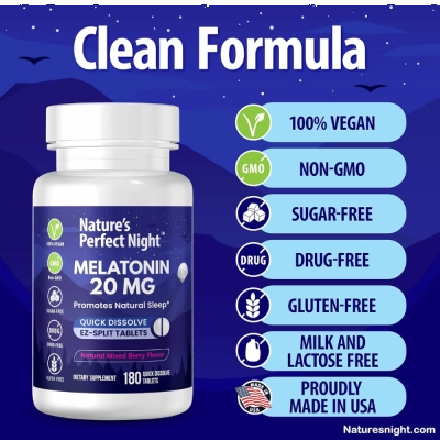Melatonina 20mg, Sono e Relaxamento, 180 Comprimidos, Sabor Frutas Vermelhas, Nature’s Perfect Night