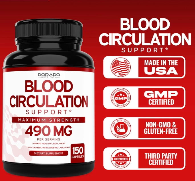 Blood Circulation, Suplementos para Circulação Sanguínea 490mg, 150 Cápsulas, Dorado