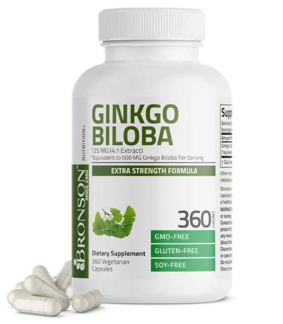 Ginkgo Biloba, 125mg, Apoia a função cerebral e Suporte à memória, 360 cápsulas, Bronson