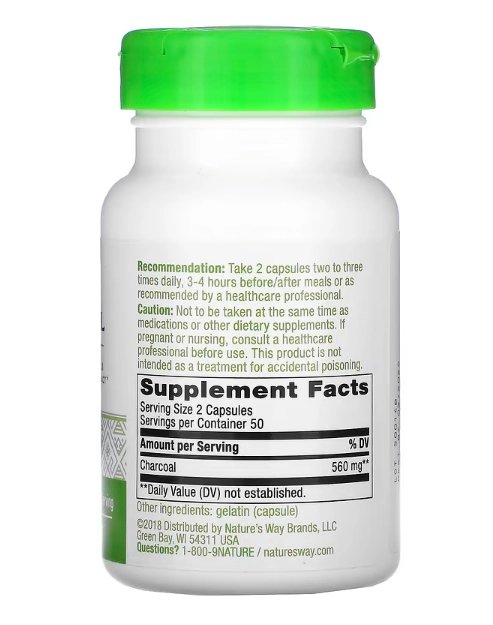 Charcoal Activated (Carvão Vegetal Ativado), 560mg, 100 Cápsulas, Nature's Way