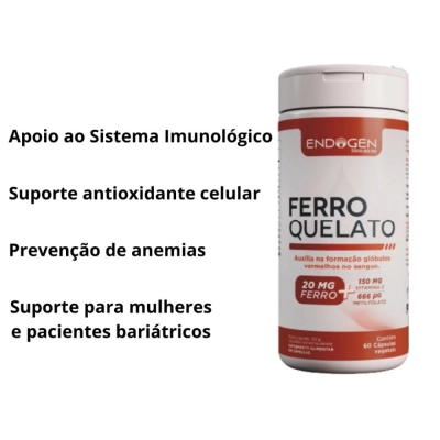 Ferro Quelato 20mg + Vitamina C 150mg + Metilfolato 666mg, 60 Cápsulas, Endogen