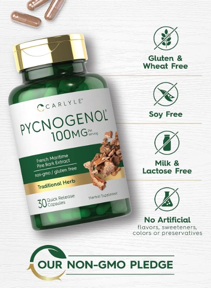 Pycnogenol 100mg, Com Casca de Pinheiro Marítimo,  30 Cápsulas, Carlyle