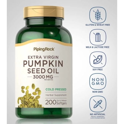 Pumpkin Seed Oil 3000mg, Óleo da Semente de Abóbora, 200  Cápsulas, Piping Rock