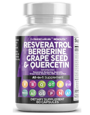 Suplemento de Polifenol, Resveratrol 6000mg, Berberina, Semente de Uva, Quercetina e Extrato de Chá Verde, 60 cápsulas, 