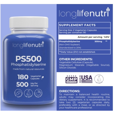 Phosphatidylserine 500mg, Fosfatidilserina  Suplemento Nootrópico para o Cérebro, 180 Cápsulas, LongLifeNutri 