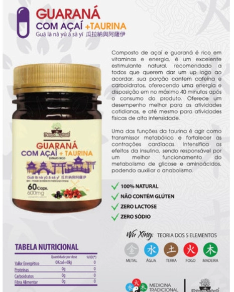 Guaraná com açaí + Taurina, extrato seco, 60 cápsulas, Folhas e Raízes