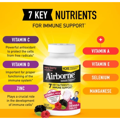 Vitamina C 1000mg, Reforço Imunológico com Vitaminas, Zinco, Selênio e Gengibre, 116  Comprimidos Mastigáveis, Airborne 