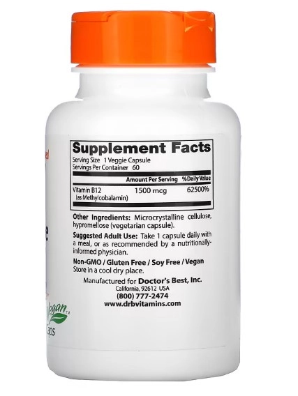 Vitamina B12, Fully Active, 1.500mcg, 60 Cápsulas, Doctor's Best