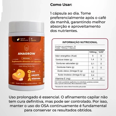 Vitamina Para Fortalecimento dos Cabelos OSA (Óleo de Semente de Abóbora), 30 Cápsulas, Anagrow