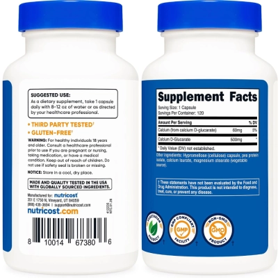 Calcium D-Glucarate, 500mg, 120 Cápsulas, Nutricost