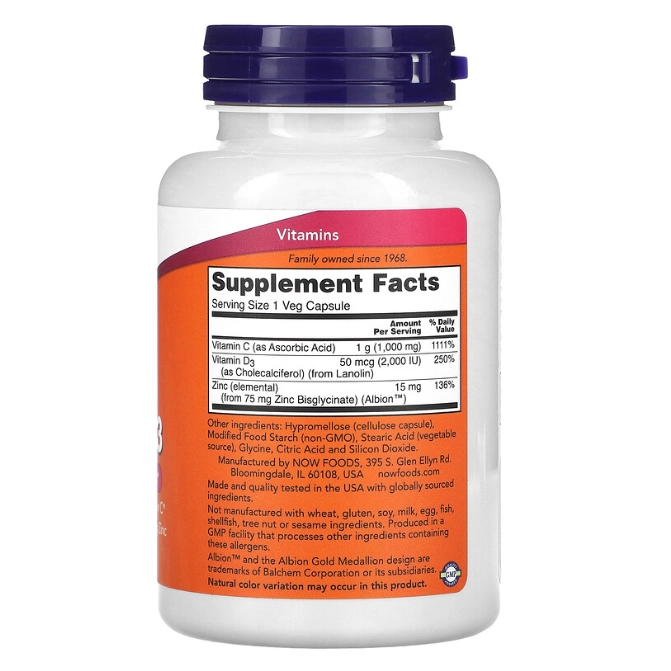 Vitamina C, 1000mg, com Zinco e D-3, 100 Cápsulas, Now