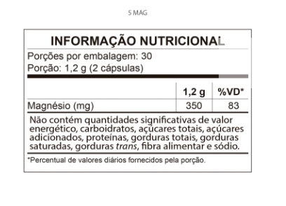 5 Mag, Magnésio, óxido, Malato, Bisglicinato, Taurato  e Cloreto de magnésio, 60 cápsulas, Qualynutri