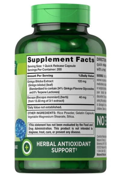 Ginkgo Biloba, 120mg, com Bacopa, 200 cápsulas, Nature's Truth