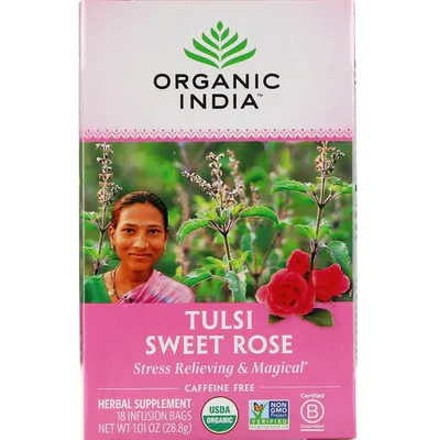 Chá (Tulsi, Rosa Doce) Sem Cafeína, 18 Sacos de Infusão, Organic India