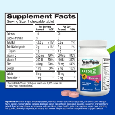 PreserVision AREDS 2,​​ 60 Comprimidos Mastigáveis, Frutas Vermelhas, Bausch &amp; Lomb