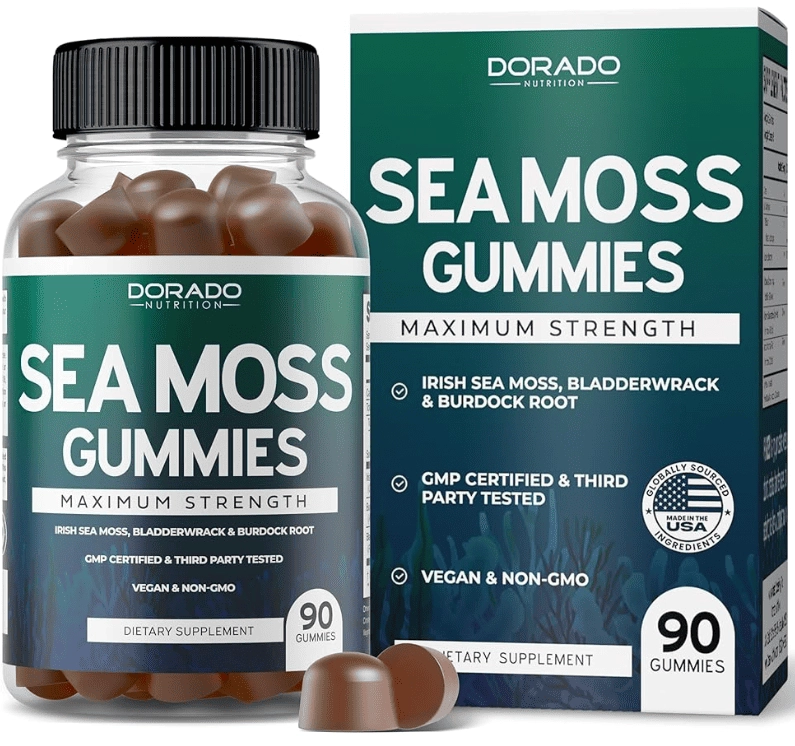 Sea Moss, Musgo Irlandês 3000mg com Bladderwrack,  90 Gomas, Dorádo