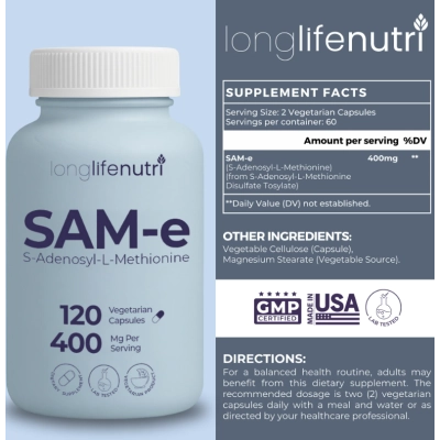 SAM-e 400mg, 120 Cápsulas, LongLifeNutri