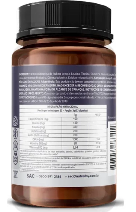 Focus (Phosphatidylserine), Memória e Concentração, 90 Cápsulas, NutraDay 