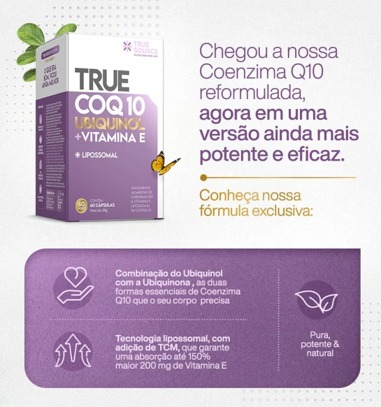True Coenzima Q10 100mg, Lipossomal + Ubiquinol, 60 Capsulas, True Source
