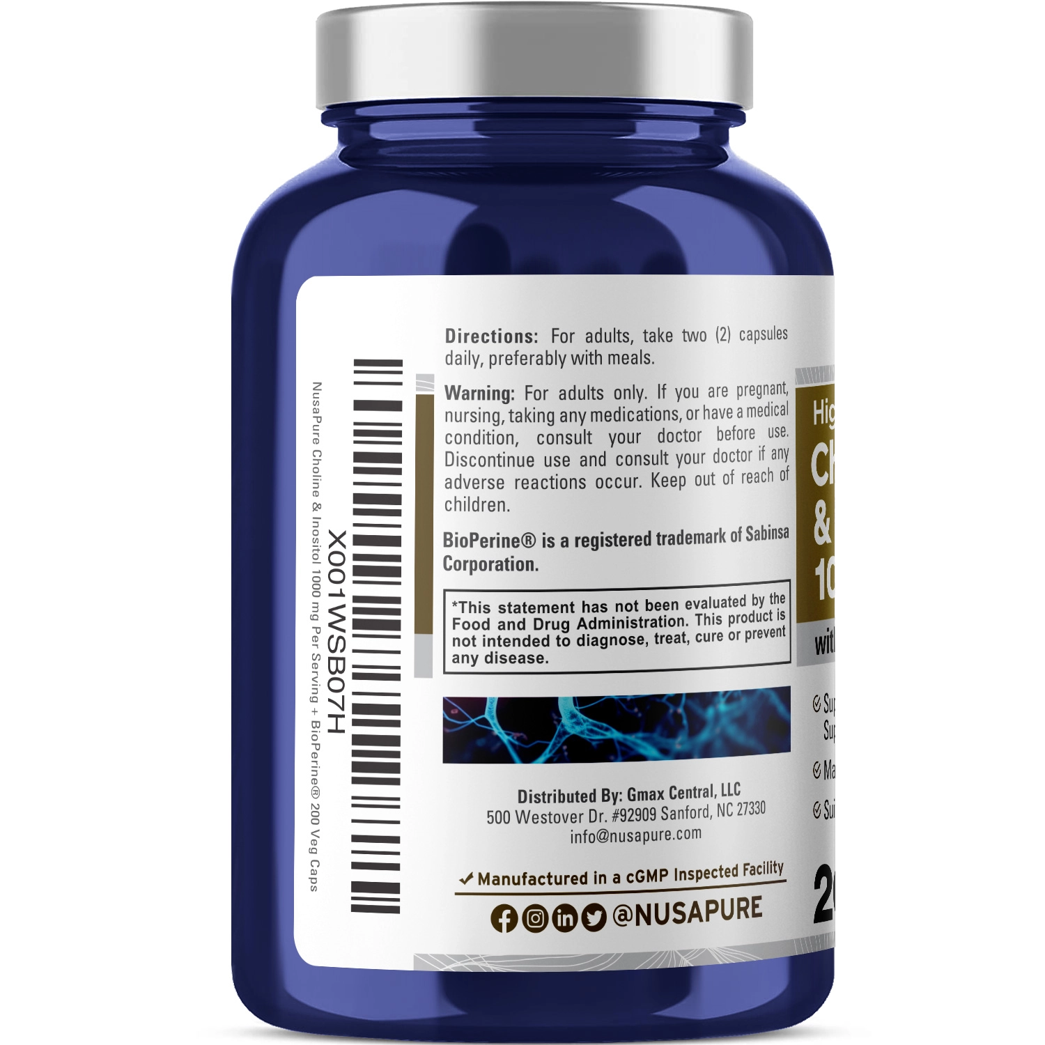 Choline Inositol 1000mg com Bioperina, 200 Cápsulas, NusaPure