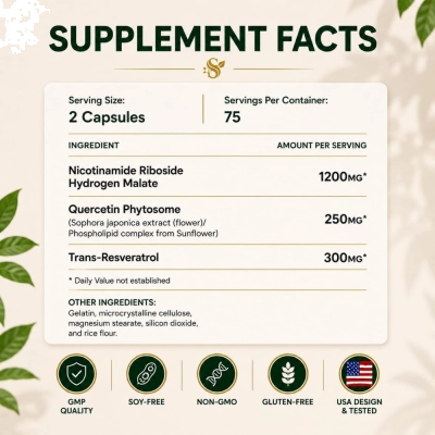 NAD+ Supplement 1500mg com Resveratrol, 150 Cápsulas, Sannorentr
