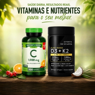 Kit Saúde Óssea e Imunidade, Vitamina C 1000mg + Vitamina D3 5000UI K2, Nature’s Truth + Sports Research