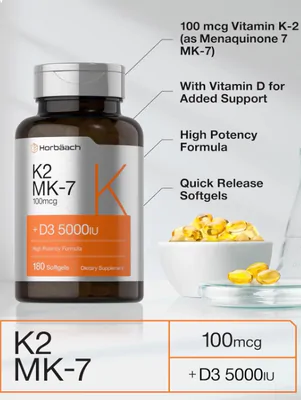 Vitamina D3 5000UI, K2 MK-7 100mcg, 180 Cápsulas, Horbaach
