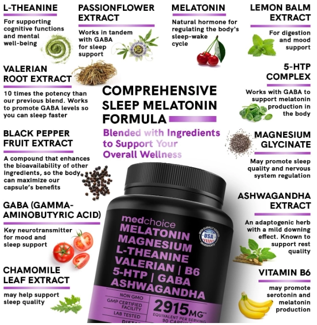 Melatonina 5mg, com Magnésio, Ashwagandha, L-teanina, Valeriana e 5-HTP, 90 Cápsulas, MedChoice
