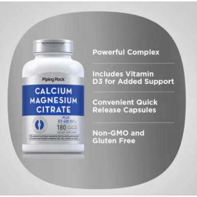 Citrato de Cálcio e Magnésio com Vitamina D3, 180 Cápsulas, PipingRock