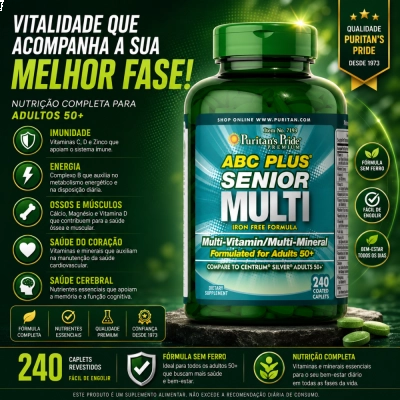 ABC Plus Senior Multi, Multivitamínico para Energia e Vitalidade 50+, 240 Caplets, Puritan’s Pride