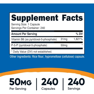 Pyridoxal-5-Phosphate (P5P) 50mg, 120 cápsulas, Nutricost 