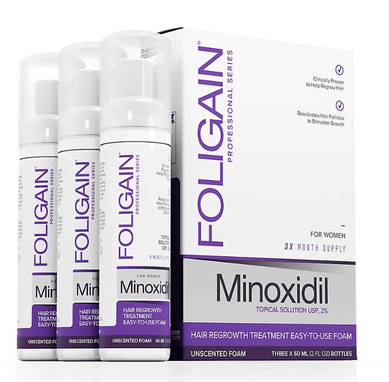 Foligain Minoxidil 2%, Espuma para crescimento Capilar para Mulheres, Três frascos de 60ml