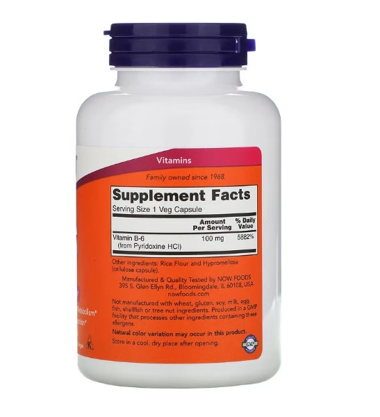 Vitamina B-6, 100mg, 250 Cápsulas, Now