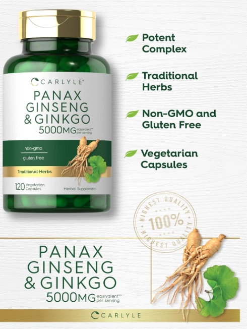 Panax Ginseng e Ginkgo 5000mg, 120 Cápsulas, Carlyle 