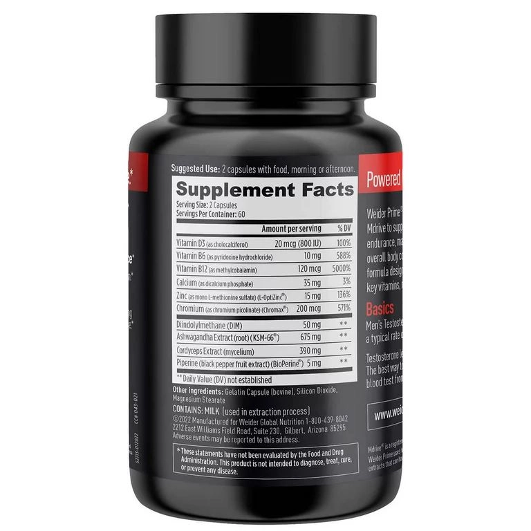 Testosterone Support, Ashwagandha & Peperine, 120 Capsulas, Weider Prime