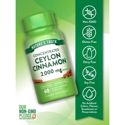  Ceylon Cinnamon, Canela do Ceilão 2000mg, 60 Cápsulas, Nature's Truth