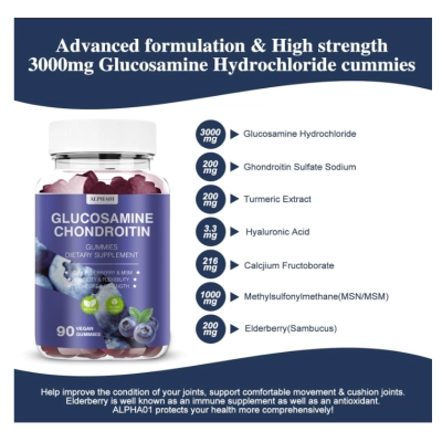 Glucosamina e Condroitina 3000mg, com MSM e Sabugueiro, 90 Gomas Sabor Mirtilo, ALPHA01